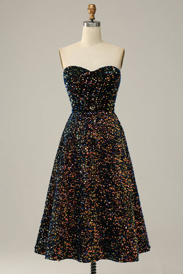 A Line Sweetheart Black Sequins Midi Ball Dress